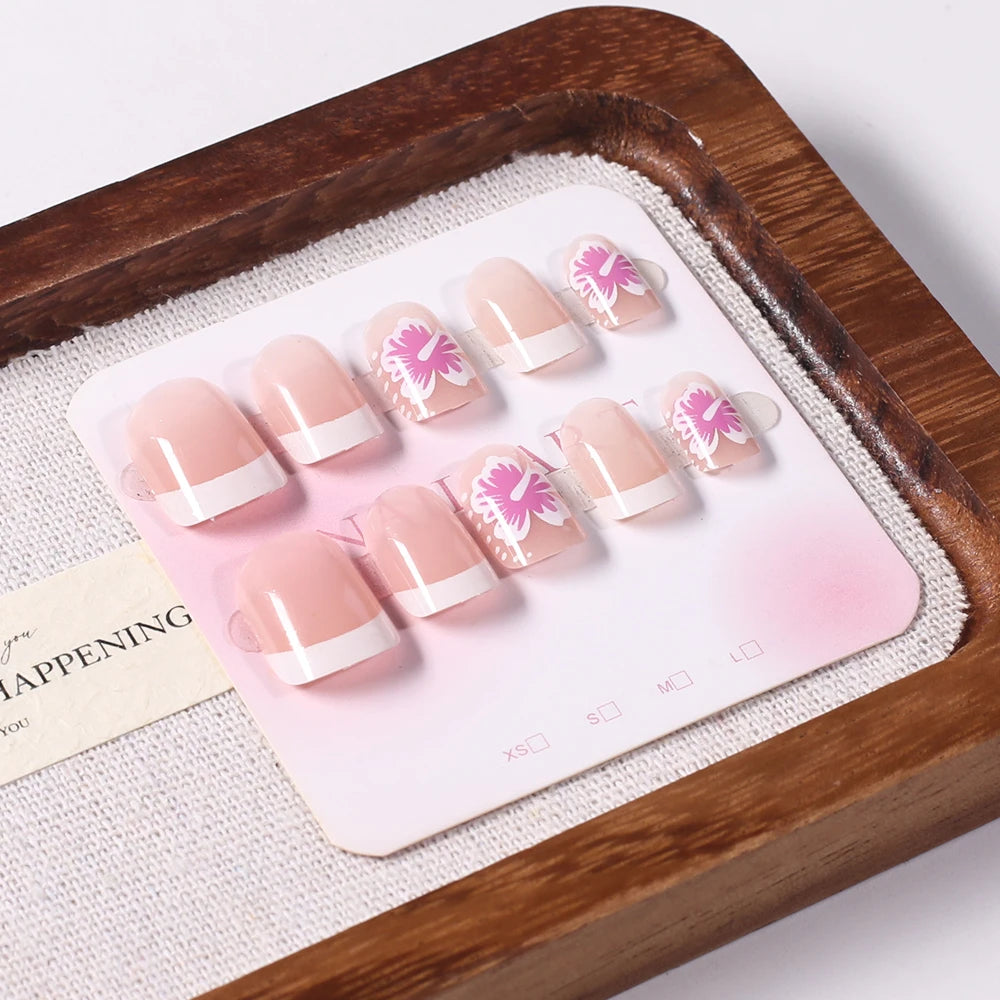 24Pcs White Pink Flower Acrylic Fake Nails Short Square French False Nail Wearable Full Cover Artificial Press on Nail For Women