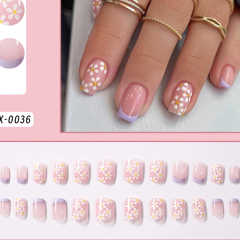 24Pcs White Pink Flower Acrylic Fake Nails Short Square French False Nail Wearable Full Cover Artificial Press on Nail For Women
