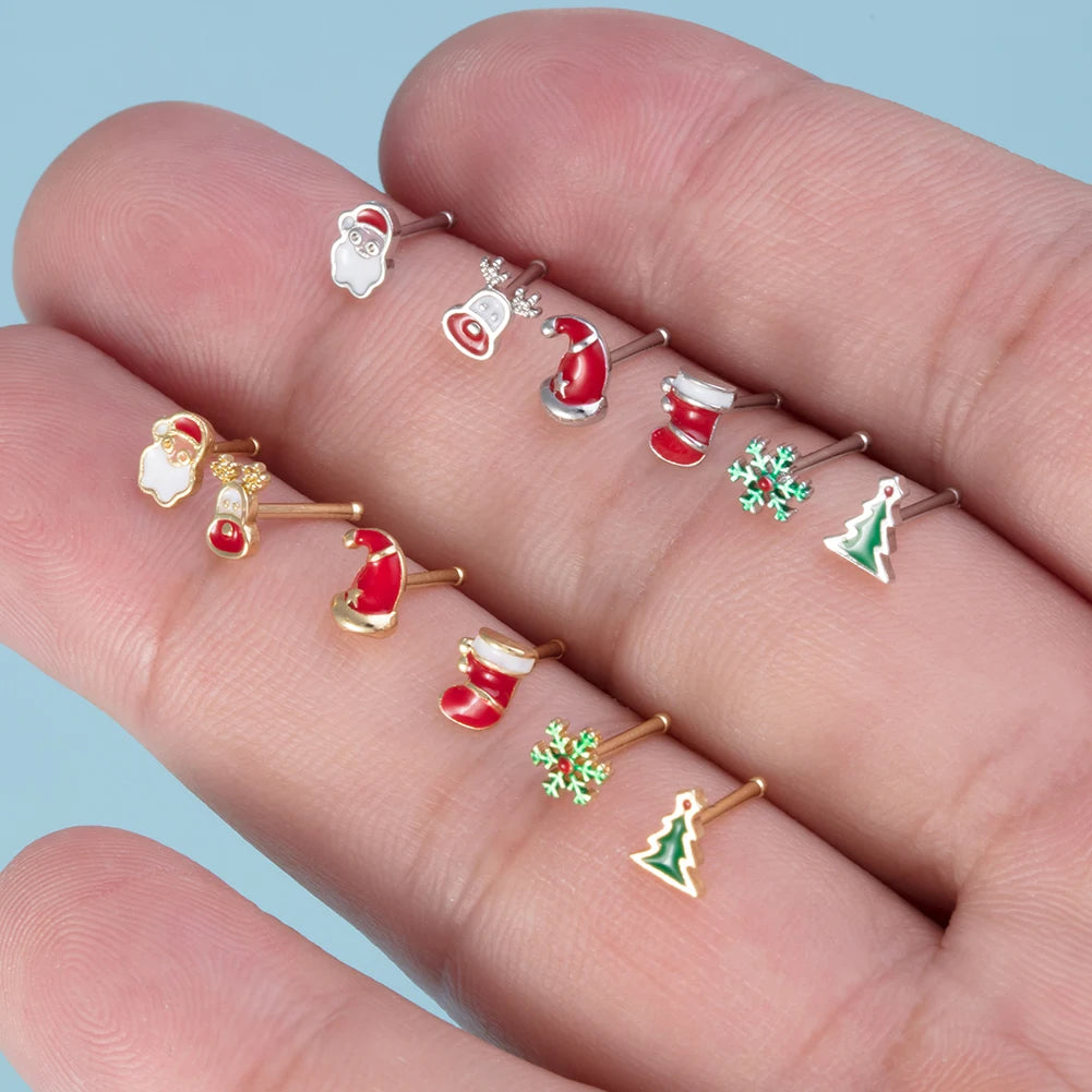 1pc New Christmas Gift Surgical Steel Nose Studs for Women Girls Bone Nose Piercing Jewelry Christmas Santa Claus Nose Rings 20G