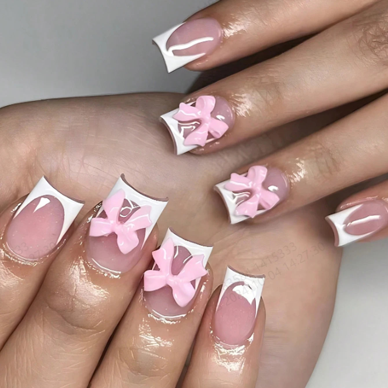 24PCS- Long coffin shaped fake nails, pink three-dimensional butterfly, pink flower decoration, suitable for dating, dinner