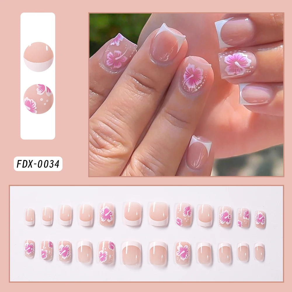 24Pcs White Pink Flower Acrylic Fake Nails Short Square French False Nail Wearable Full Cover Artificial Press on Nail For Women