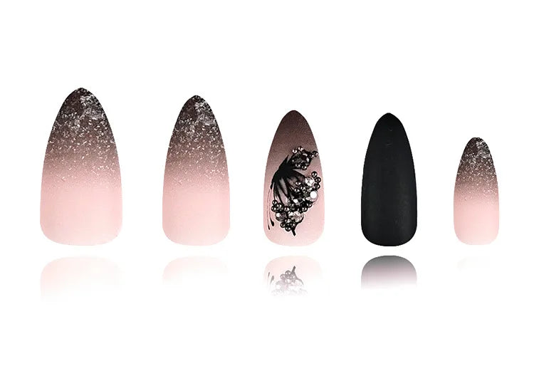 24Pcs Matte Almond Autumn Winter False Nails with Glue Glitter Butterfly Fake Nail Press Ons Black Gradient Artificial Nail Tips