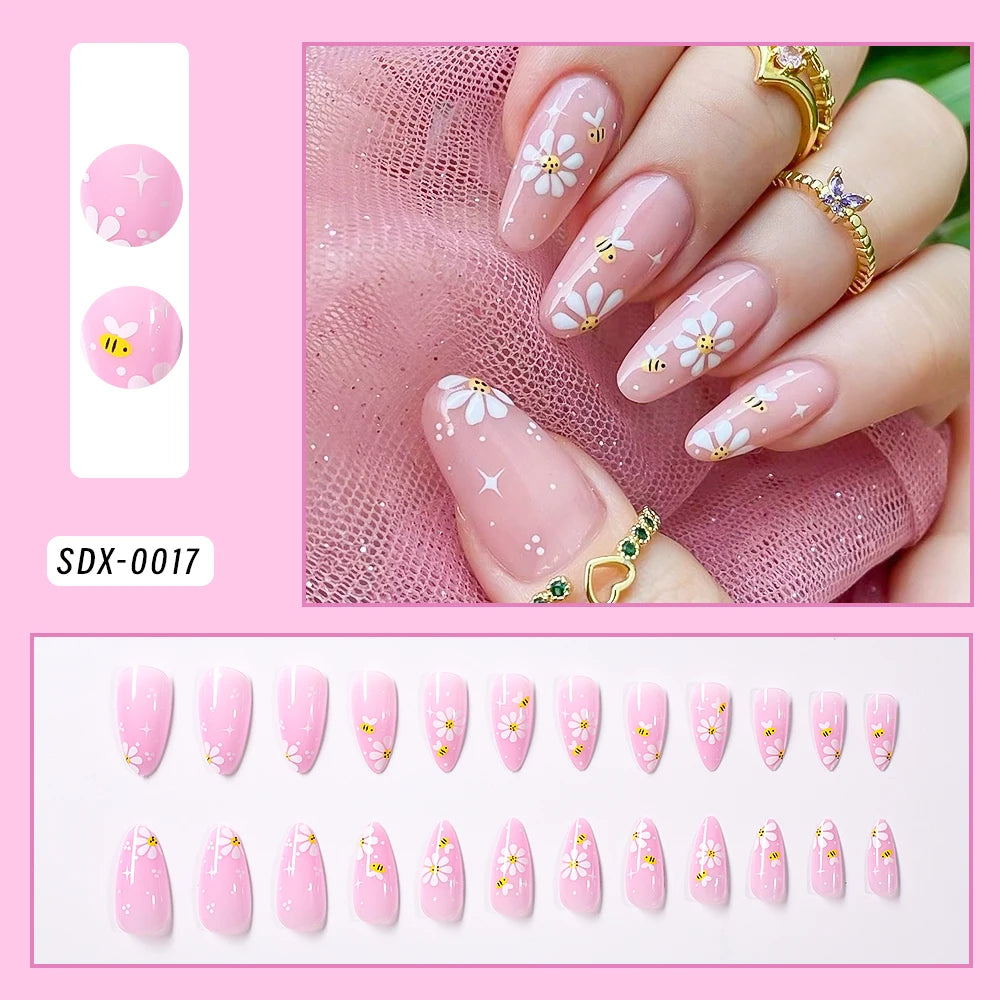 24Pcs White Pink Flower Acrylic Fake Nails Short Square French False Nail Wearable Full Cover Artificial Press on Nail For Women