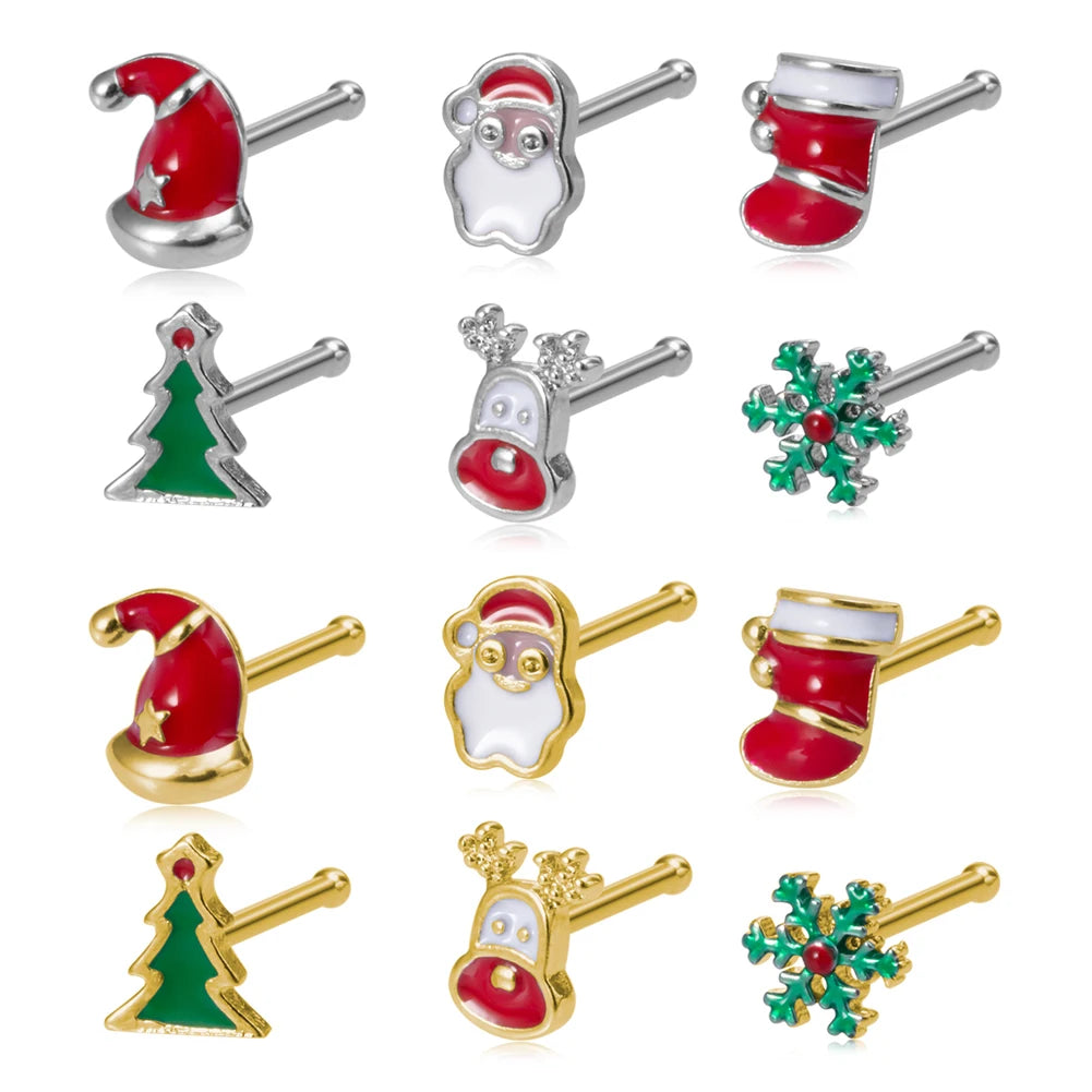 1pc New Christmas Gift Surgical Steel Nose Studs for Women Girls Bone Nose Piercing Jewelry Christmas Santa Claus Nose Rings 20G