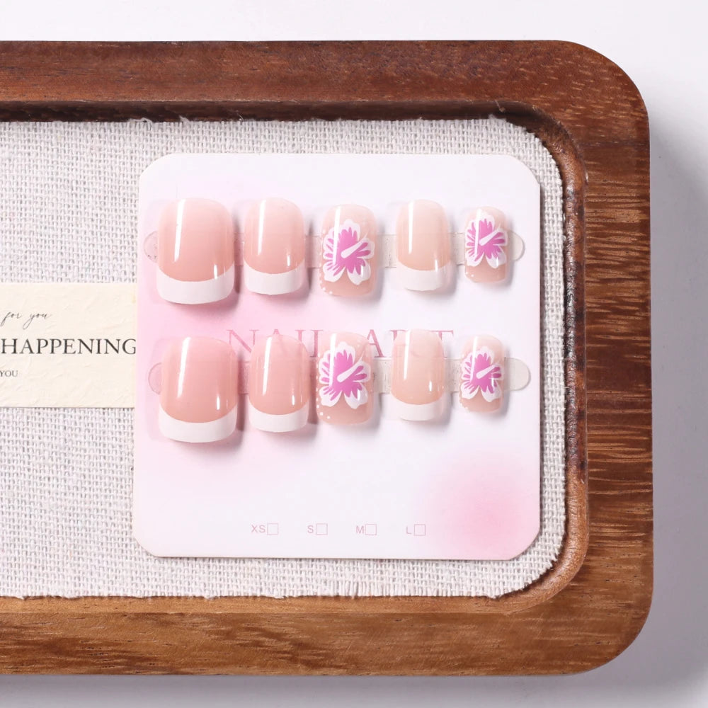 24Pcs White Pink Flower Acrylic Fake Nails Short Square French False Nail Wearable Full Cover Artificial Press on Nail For Women