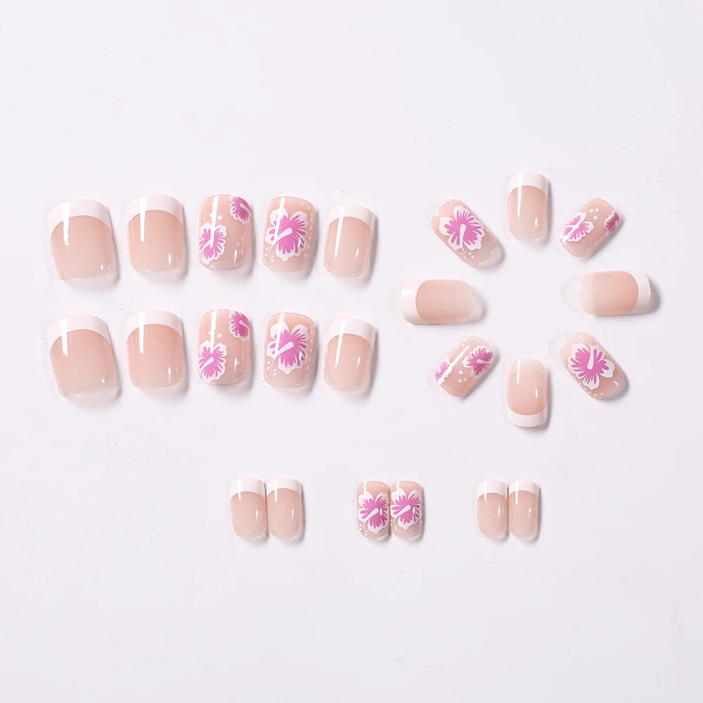 24Pcs White Pink Flower Acrylic Fake Nails Short Square French False Nail Wearable Full Cover Artificial Press on Nail For Women