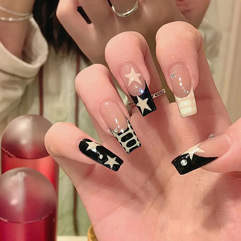 Short Square Fake Nails Y2K Style Nails Press on White/Black French Tips Star Diamond Designs False Nails for y2k Girls 24Pcs