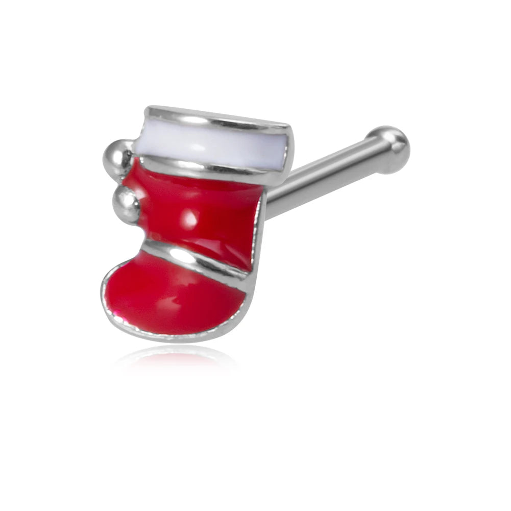 1pc New Christmas Gift Surgical Steel Nose Studs for Women Girls Bone Nose Piercing Jewelry Christmas Santa Claus Nose Rings 20G