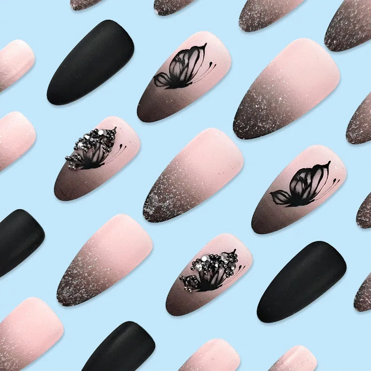 24Pcs Matte Almond Autumn Winter False Nails with Glue Glitter Butterfly Fake Nail Press Ons Black Gradient Artificial Nail Tips