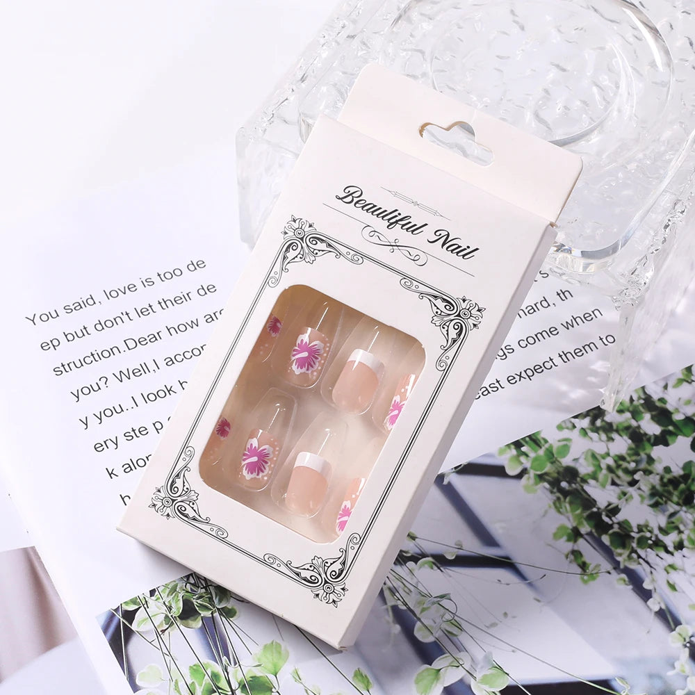 24Pcs White Pink Flower Acrylic Fake Nails Short Square French False Nail Wearable Full Cover Artificial Press on Nail For Women