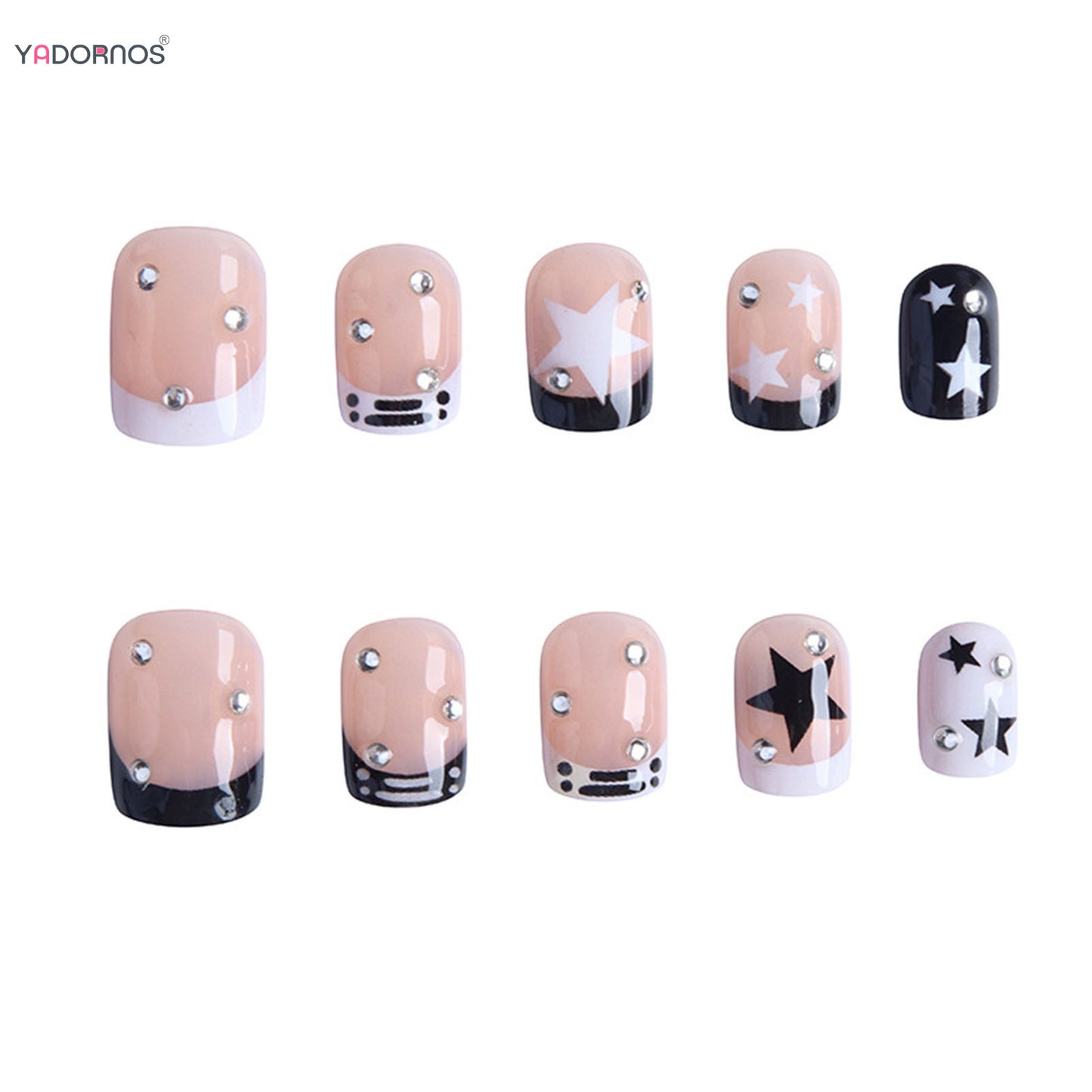 Short Square Fake Nails Y2K Style Nails Press on White/Black French Tips Star Diamond Designs False Nails for y2k Girls 24Pcs