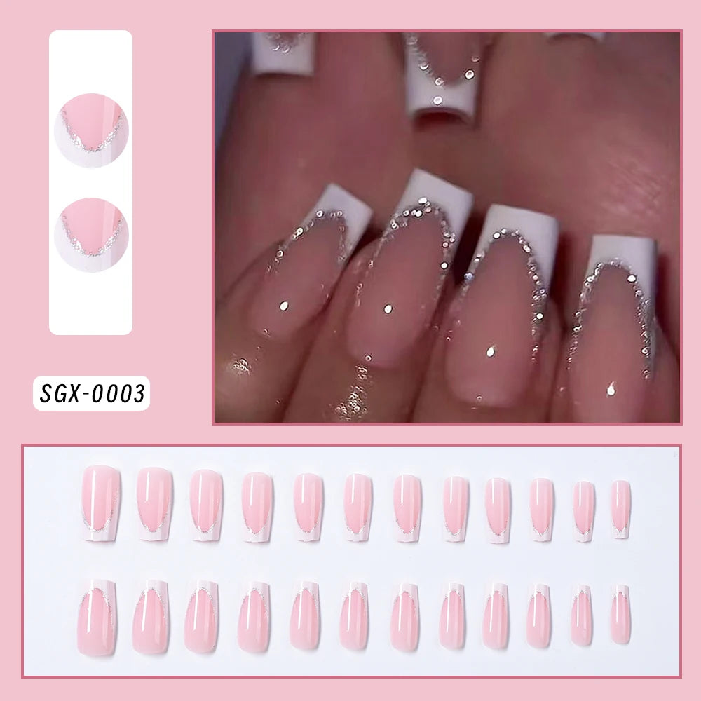 24Pcs White Pink Flower Acrylic Fake Nails Short Square French False Nail Wearable Full Cover Artificial Press on Nail For Women