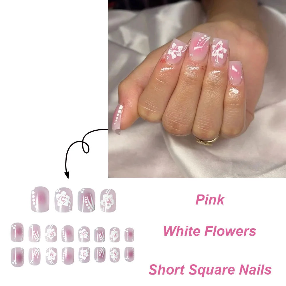 24pcs Pink Flower Fake Nail with Glue Cute White Artificial Nails Wearable Press on Acrylic Nails Square False Nails Press Ons