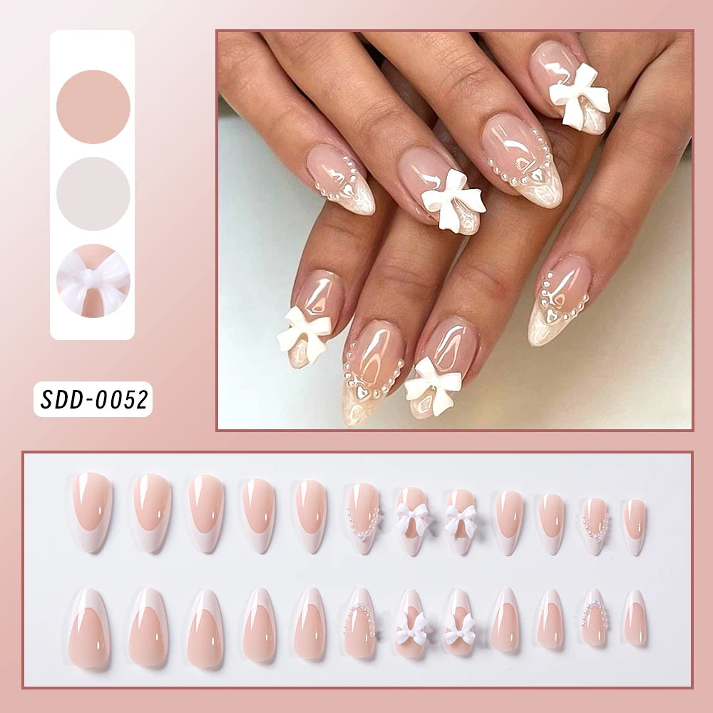 24Pcs White Pink Flower Acrylic Fake Nails Short Square French False Nail Wearable Full Cover Artificial Press on Nail For Women