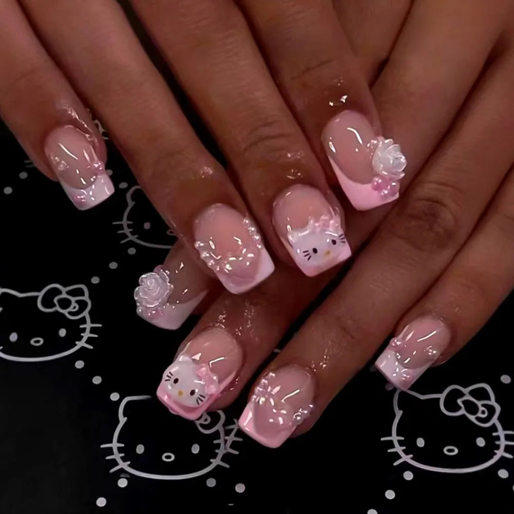 24pcs Short Square Pink Kitty Cat Press on Fake Nails Cute Cartoon Hello Kitty Nail Tips with Camellia Pearl Handmade Nail Patch