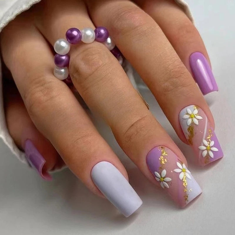 24pcs Pink Flower Fake Nail with Glue Cute White Artificial Nails Wearable Press on Acrylic Nails Square False Nails Press Ons