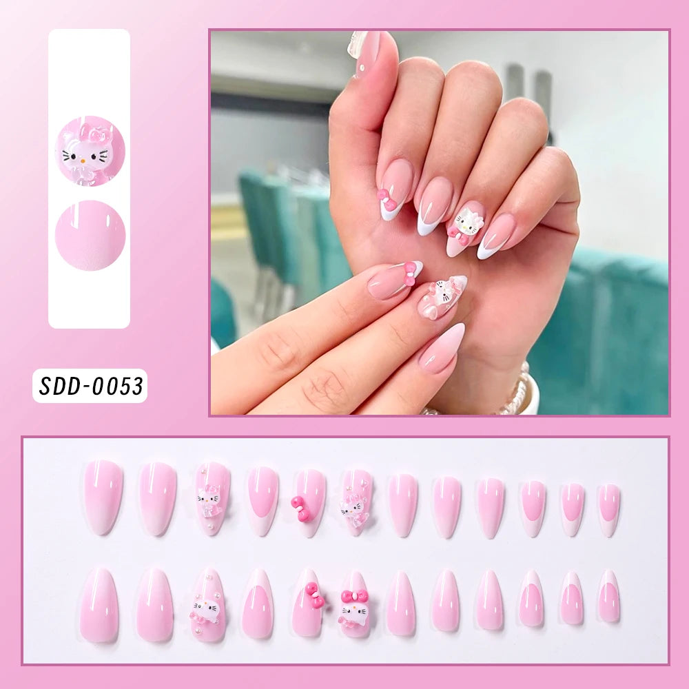 24pcs Short Square Pink Kitty Cat Press on Fake Nails Cute Cartoon Hello Kitty Nail Tips with Camellia Pearl Handmade Nail Patch