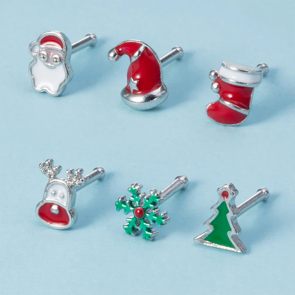 1pc New Christmas Gift Surgical Steel Nose Studs for Women Girls Bone Nose Piercing Jewelry Christmas Santa Claus Nose Rings 20G