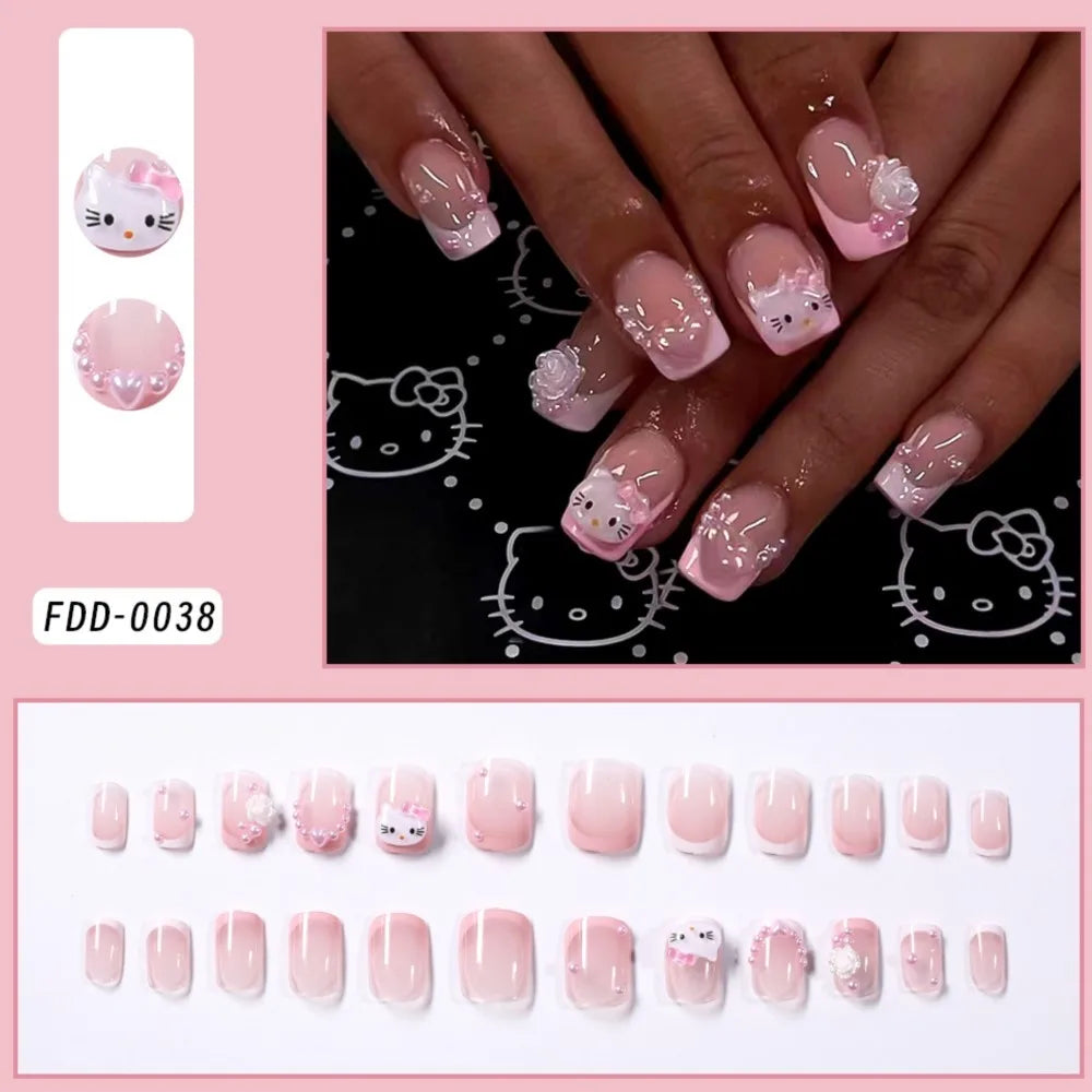 24pcs Short Square Pink Kitty Cat Press on Fake Nails Cute Cartoon Hello Kitty Nail Tips with Camellia Pearl Handmade Nail Patch