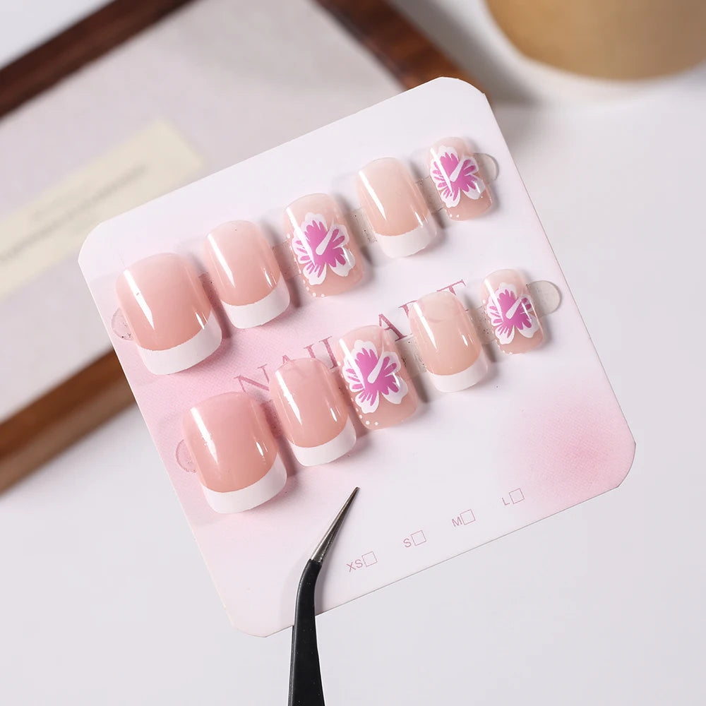 24Pcs White Pink Flower Acrylic Fake Nails Short Square French False Nail Wearable Full Cover Artificial Press on Nail For Women