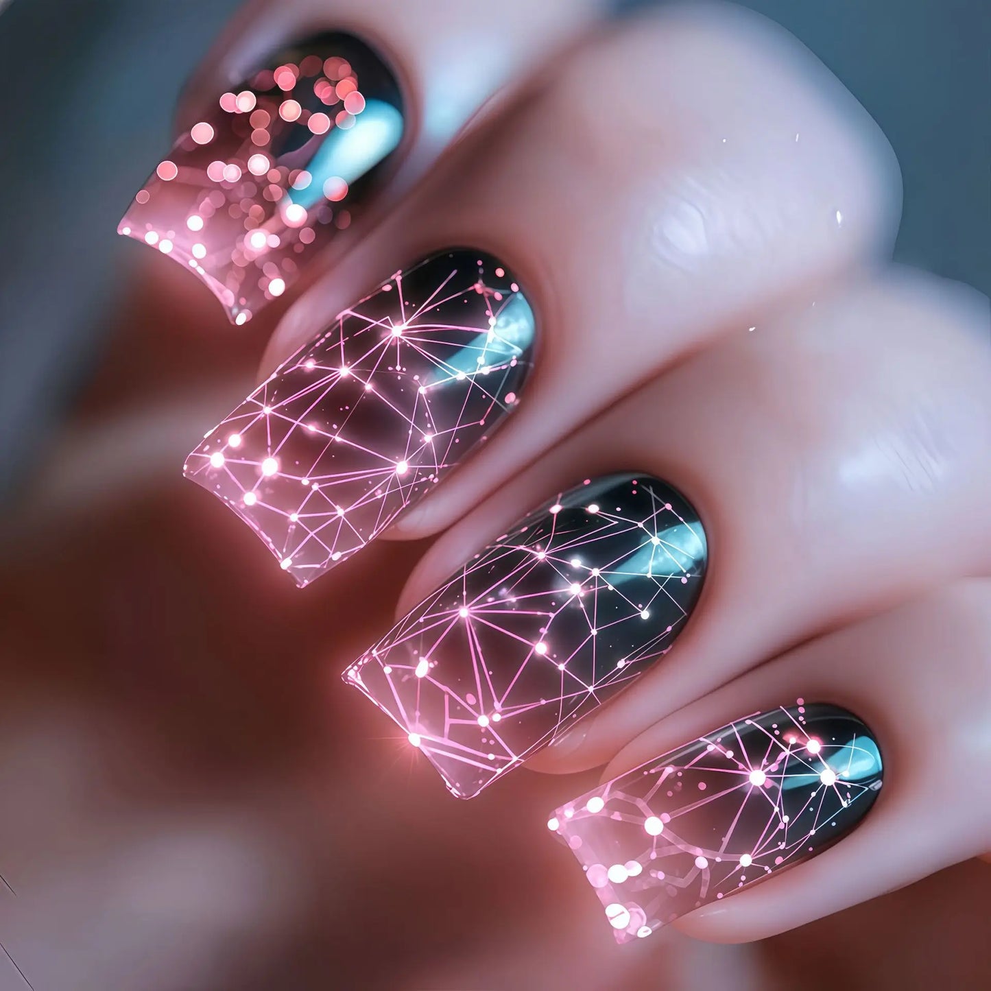 24pcs Romantic Sky Press on Nail Pink Purple Gradient Starry Sky False Nails Wearable European Square Head Fake Nails for Women