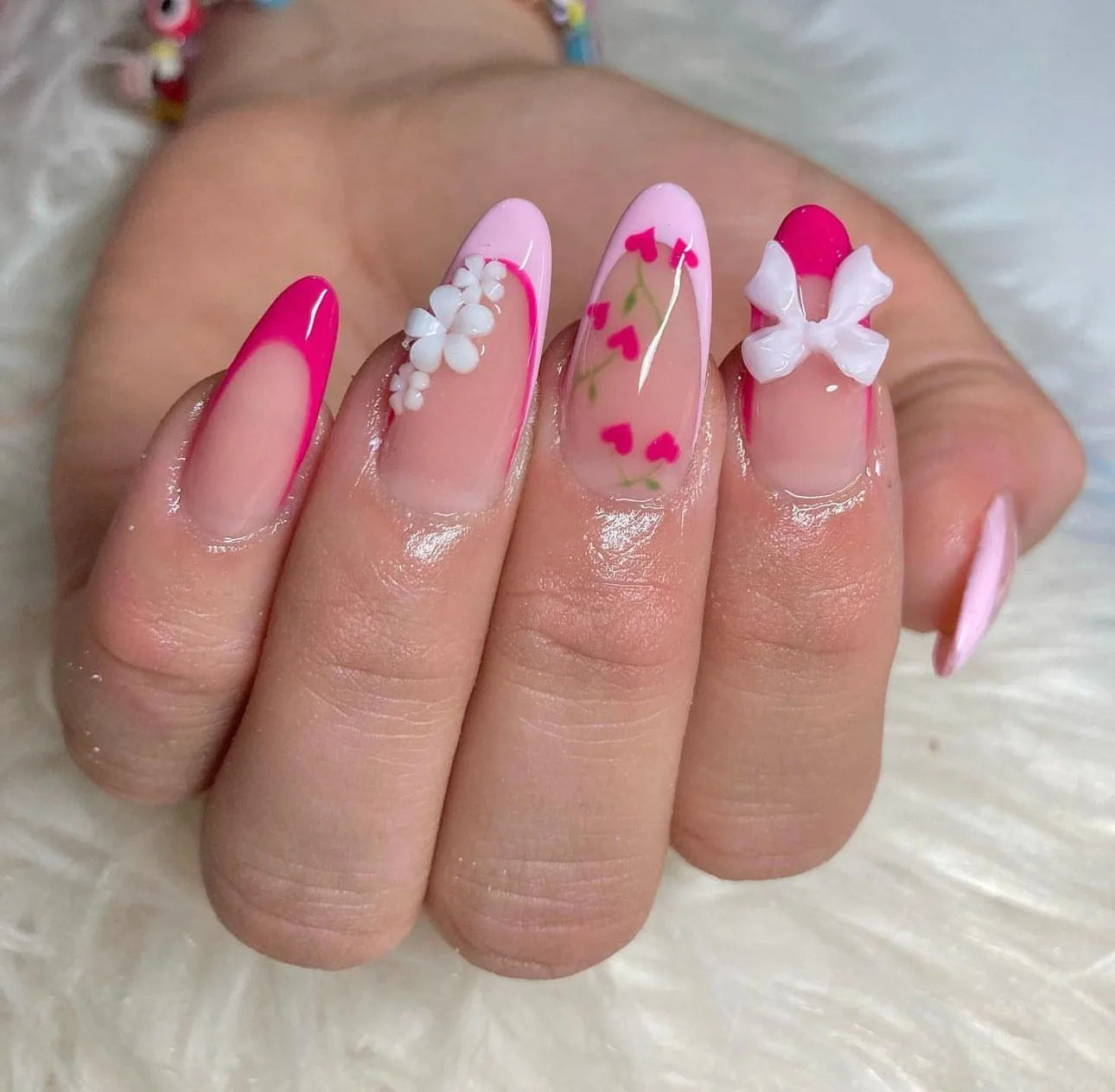 24PCS- Long coffin shaped fake nails, pink three-dimensional butterfly, pink flower decoration, suitable for dating, dinner