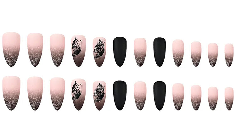 24Pcs Matte Almond Autumn Winter False Nails with Glue Glitter Butterfly Fake Nail Press Ons Black Gradient Artificial Nail Tips