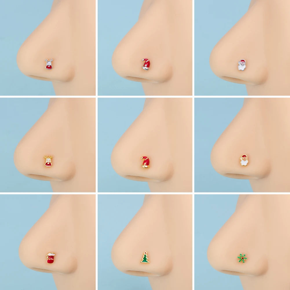 1pc New Christmas Gift Surgical Steel Nose Studs for Women Girls Bone Nose Piercing Jewelry Christmas Santa Claus Nose Rings 20G