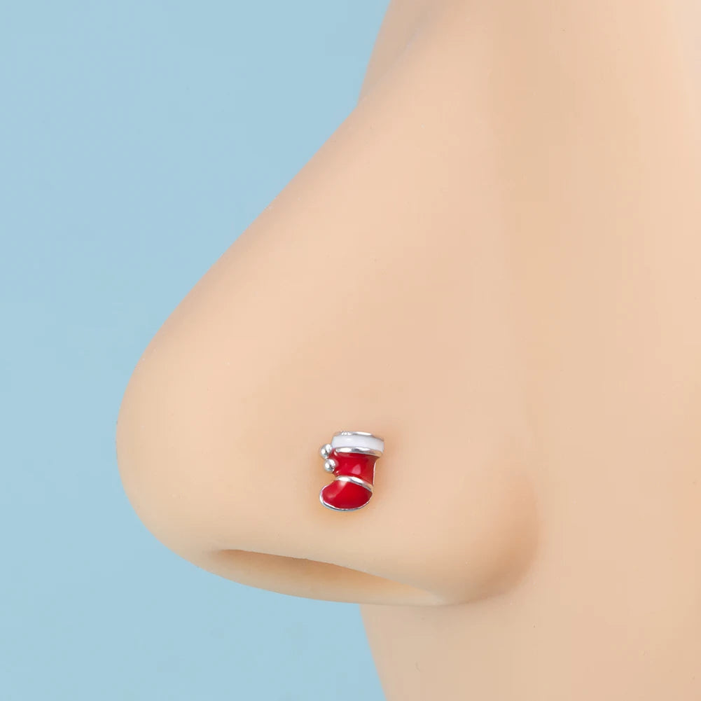 1pc New Christmas Gift Surgical Steel Nose Studs for Women Girls Bone Nose Piercing Jewelry Christmas Santa Claus Nose Rings 20G