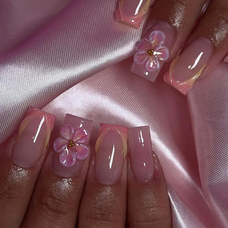 24pcs Pink Flower Fake Nail with Glue Cute White Artificial Nails Wearable Press on Acrylic Nails Square False Nails Press Ons