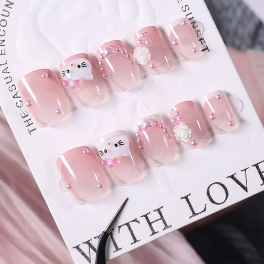 24pcs Short Square Pink Kitty Cat Press on Fake Nails Cute Cartoon Hello Kitty Nail Tips with Camellia Pearl Handmade Nail Patch