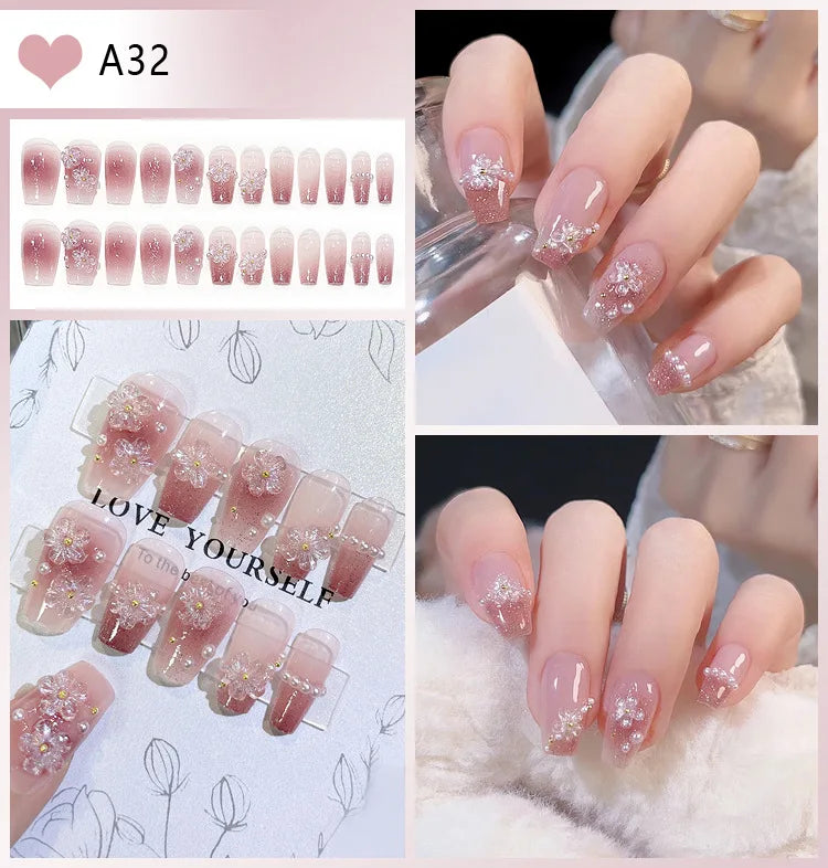 24Pcs White Pink Flower Acrylic Fake Nails Short Square French False Nail Wearable Full Cover Artificial Press on Nail For Women