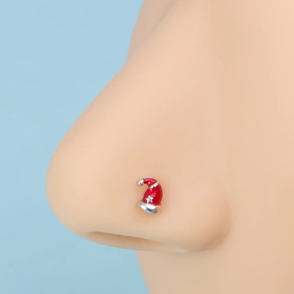 1pc New Christmas Gift Surgical Steel Nose Studs for Women Girls Bone Nose Piercing Jewelry Christmas Santa Claus Nose Rings 20G