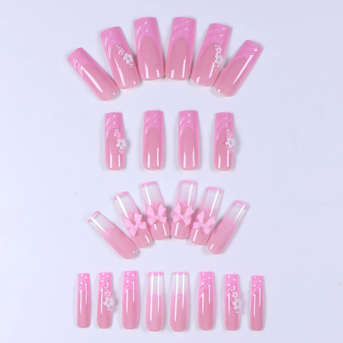 24PCS- Long coffin shaped fake nails, pink three-dimensional butterfly, pink flower decoration, suitable for dating, dinner