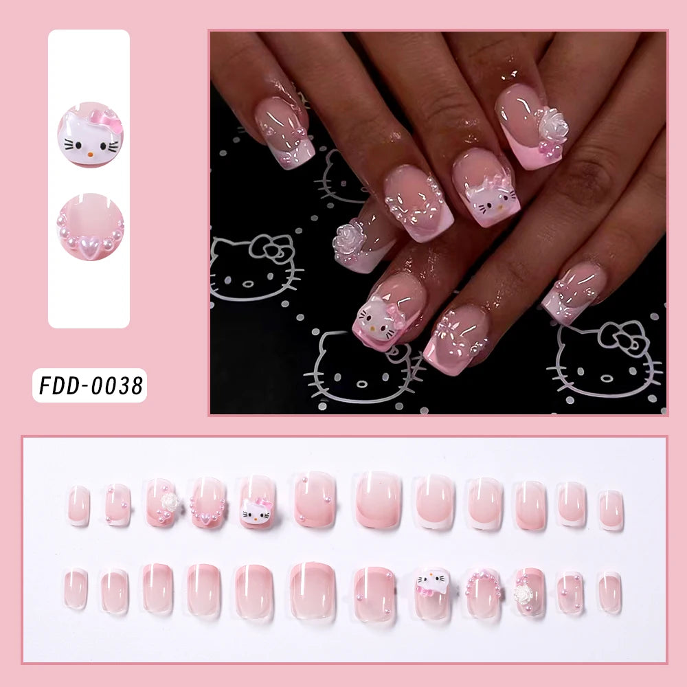 24pcs Short Square Pink Kitty Cat Press on Fake Nails Cute Cartoon Hello Kitty Nail Tips with Camellia Pearl Handmade Nail Patch