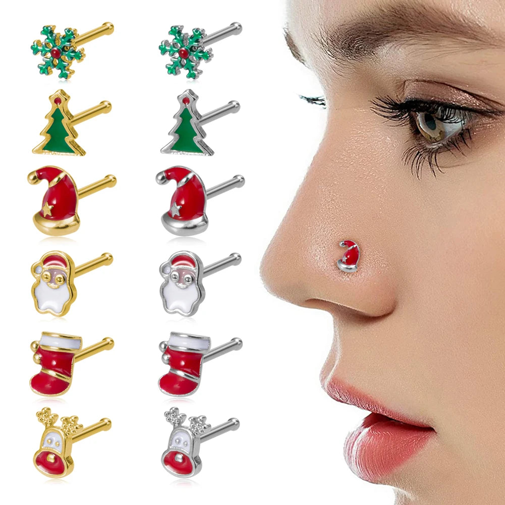 1pc New Christmas Gift Surgical Steel Nose Studs for Women Girls Bone Nose Piercing Jewelry Christmas Santa Claus Nose Rings 20G