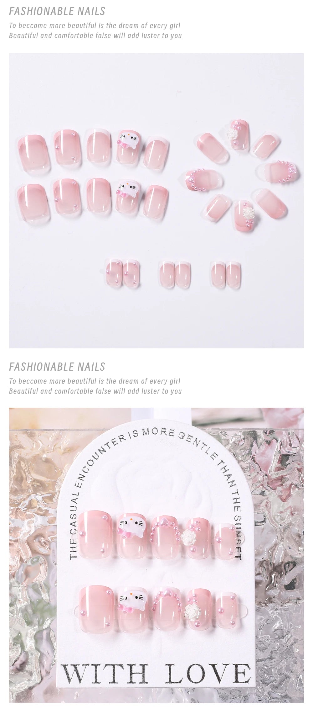 24pcs Short Square Pink Kitty Cat Press on Fake Nails Cute Cartoon Hello Kitty Nail Tips with Camellia Pearl Handmade Nail Patch