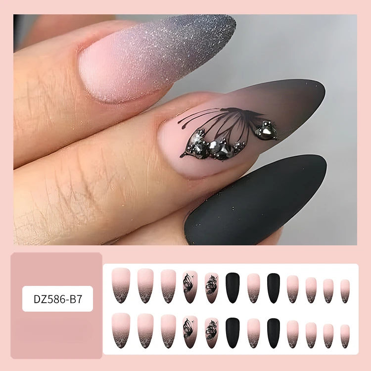 24Pcs Matte Almond Autumn Winter False Nails with Glue Glitter Butterfly Fake Nail Press Ons Black Gradient Artificial Nail Tips
