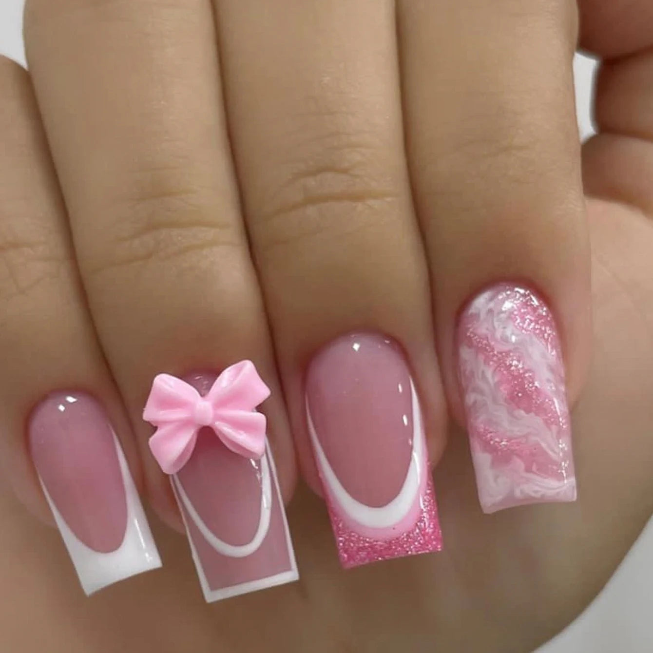 24PCS- Long coffin shaped fake nails, pink three-dimensional butterfly, pink flower decoration, suitable for dating, dinner