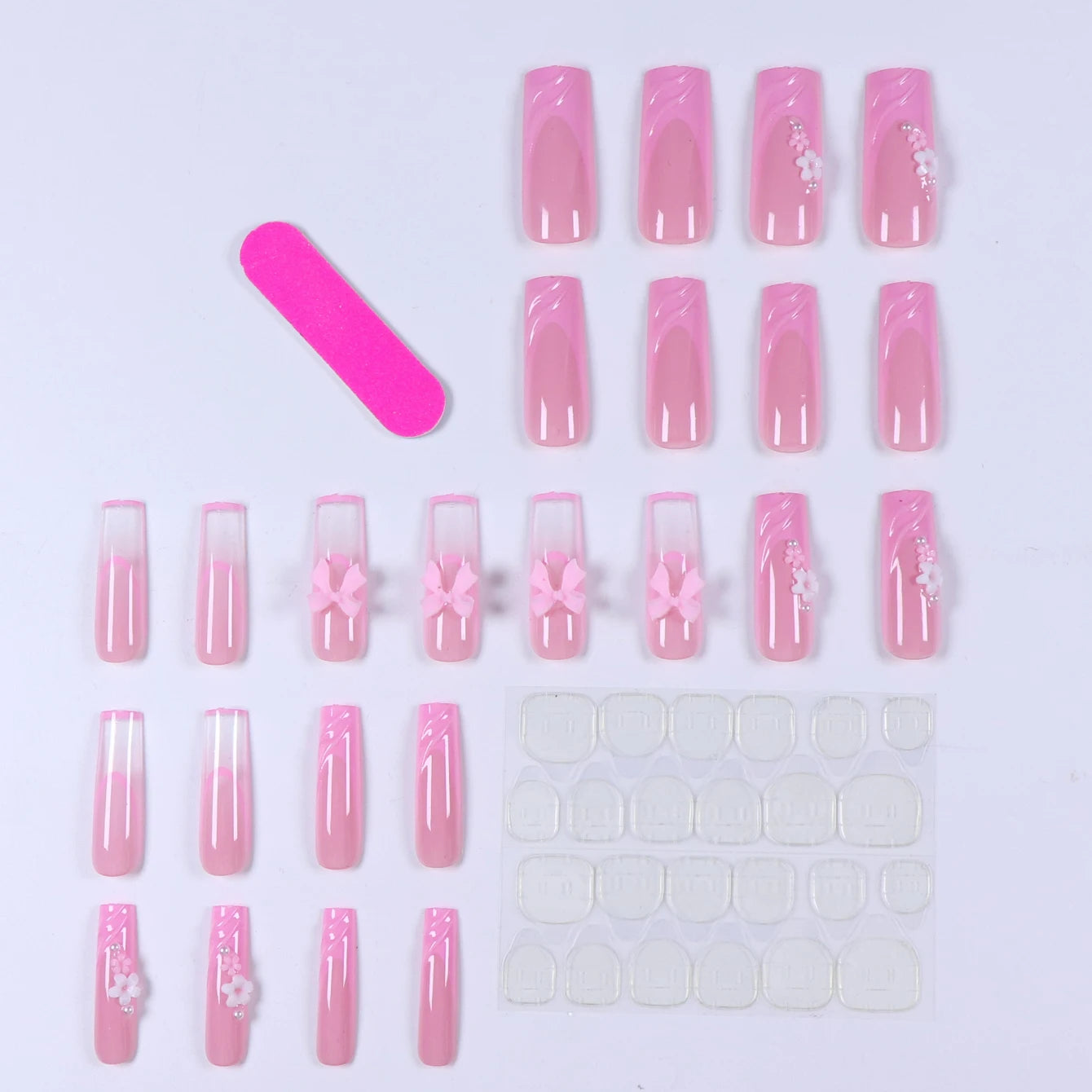 24PCS- Long coffin shaped fake nails, pink three-dimensional butterfly, pink flower decoration, suitable for dating, dinner