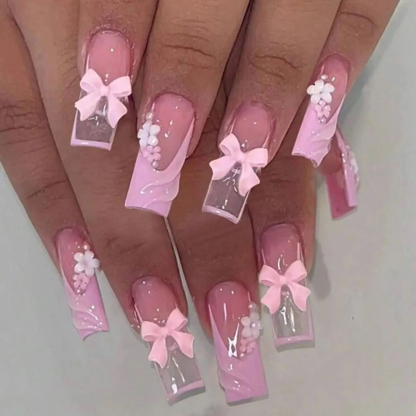 24PCS- Long coffin shaped fake nails, pink three-dimensional butterfly, pink flower decoration, suitable for dating, dinner