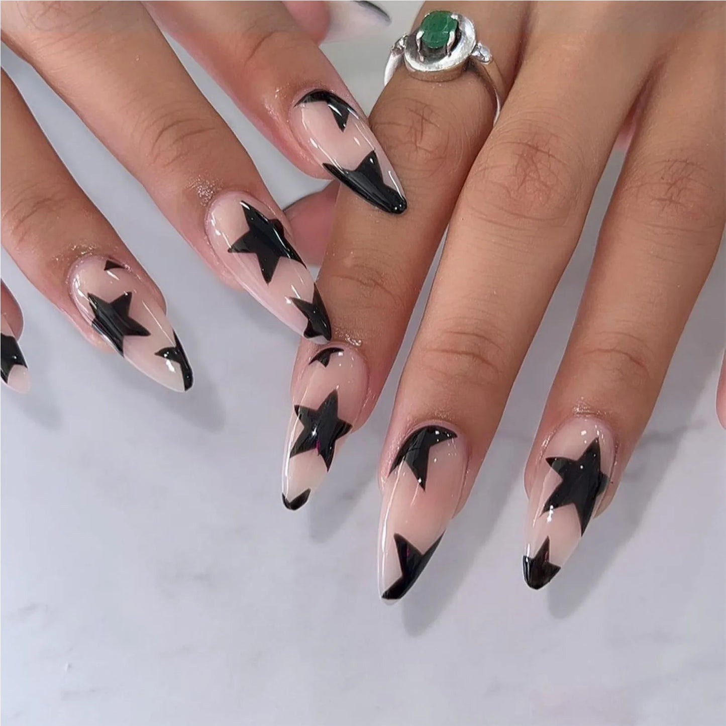 Short Square Fake Nails Y2K Style Nails Press on White/Black French Tips Star Diamond Designs False Nails for y2k Girls 24Pcs