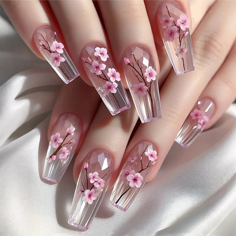 24pcs Pink Flower Fake Nail with Glue Cute White Artificial Nails Wearable Press on Acrylic Nails Square False Nails Press Ons