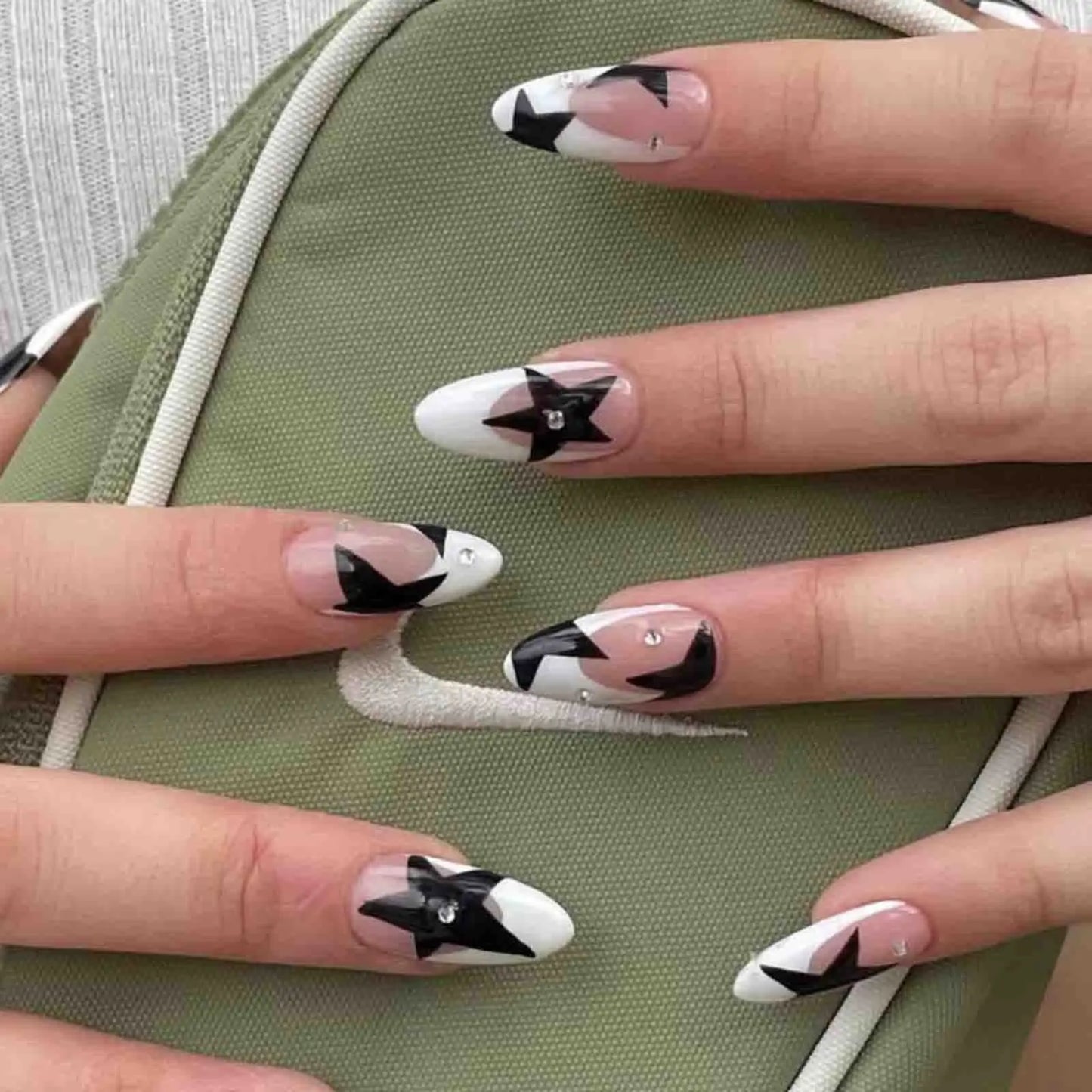 Short Square Fake Nails Y2K Style Nails Press on White/Black French Tips Star Diamond Designs False Nails for y2k Girls 24Pcs