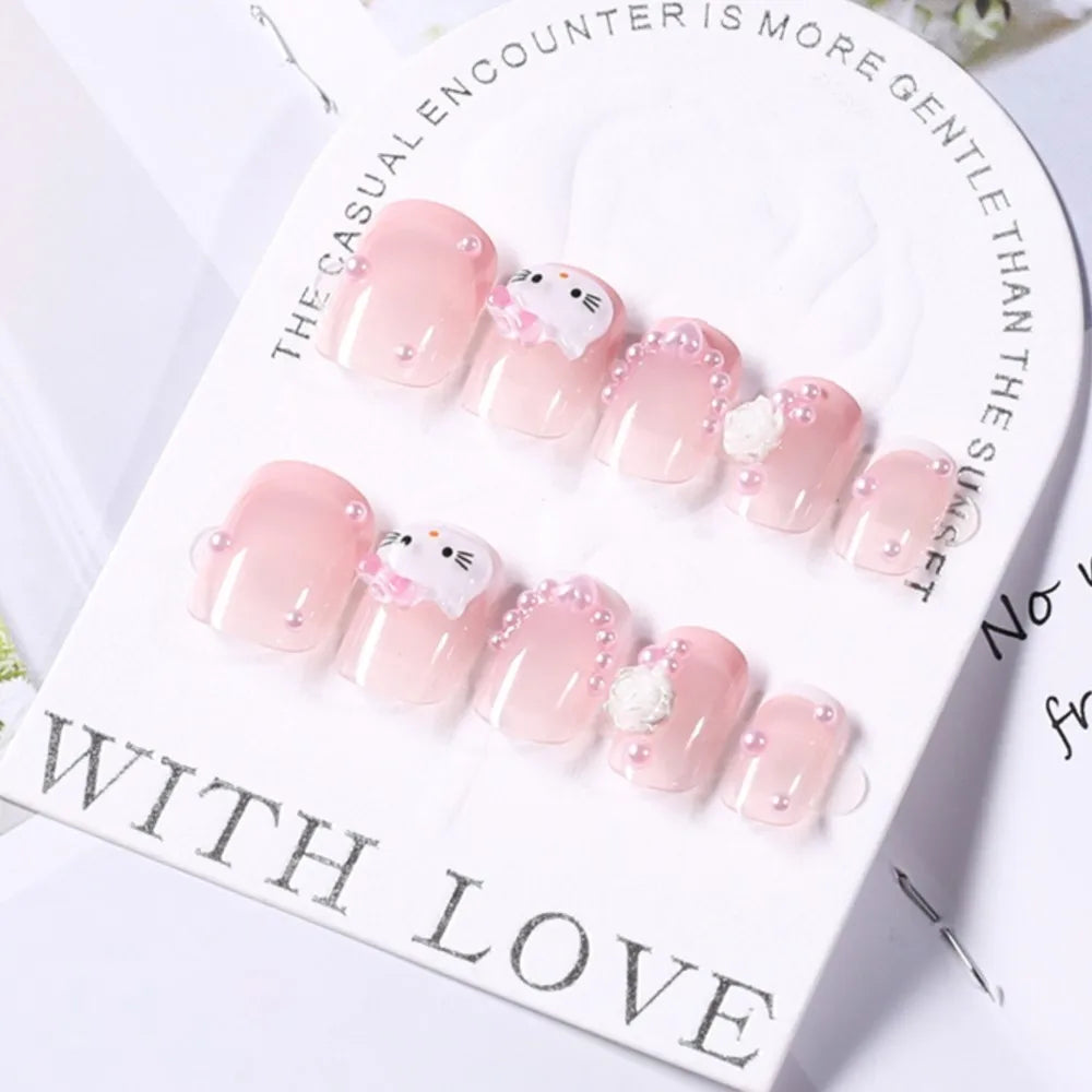 24pcs Short Square Pink Kitty Cat Press on Fake Nails Cute Cartoon Hello Kitty Nail Tips with Camellia Pearl Handmade Nail Patch