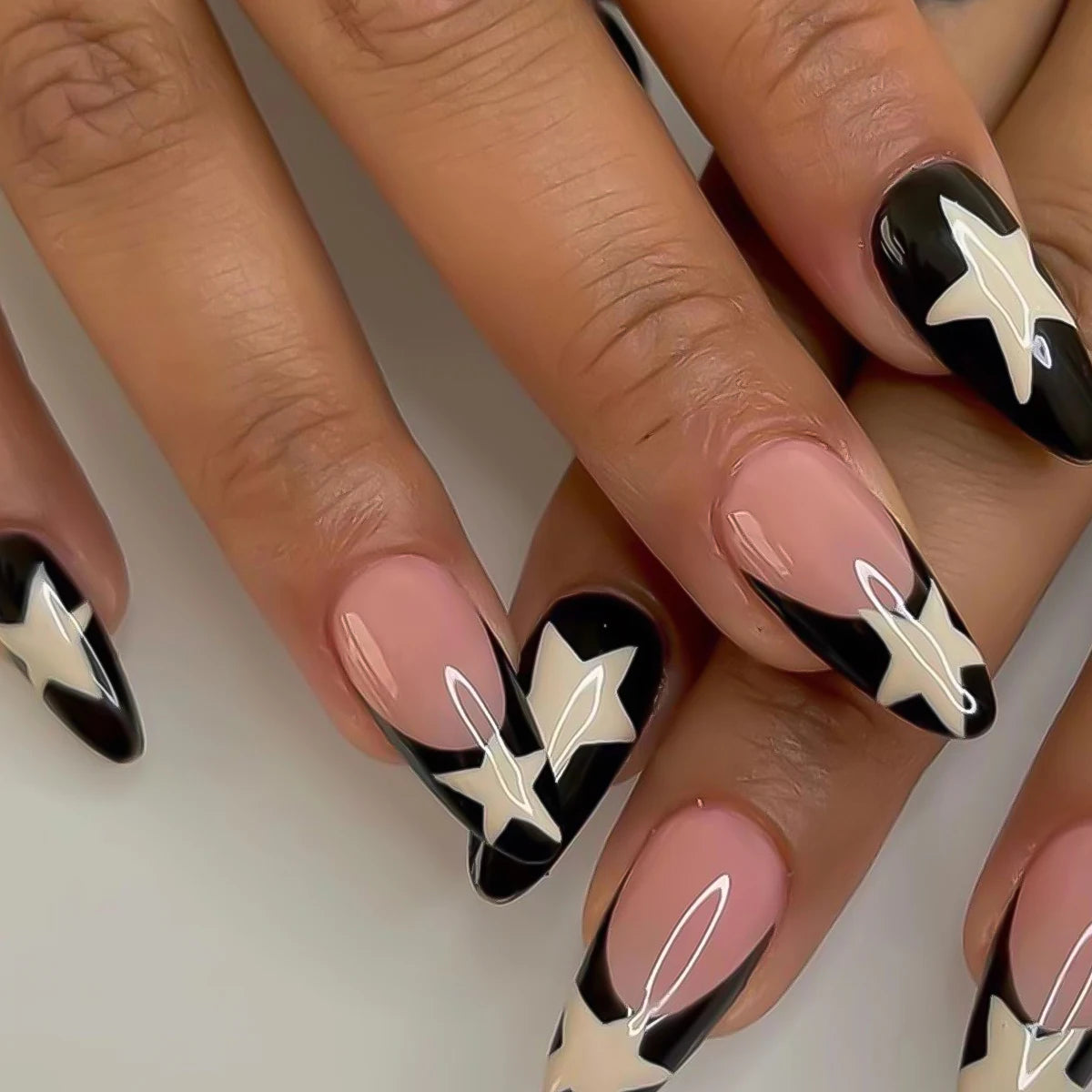 Short Square Fake Nails Y2K Style Nails Press on White/Black French Tips Star Diamond Designs False Nails for y2k Girls 24Pcs