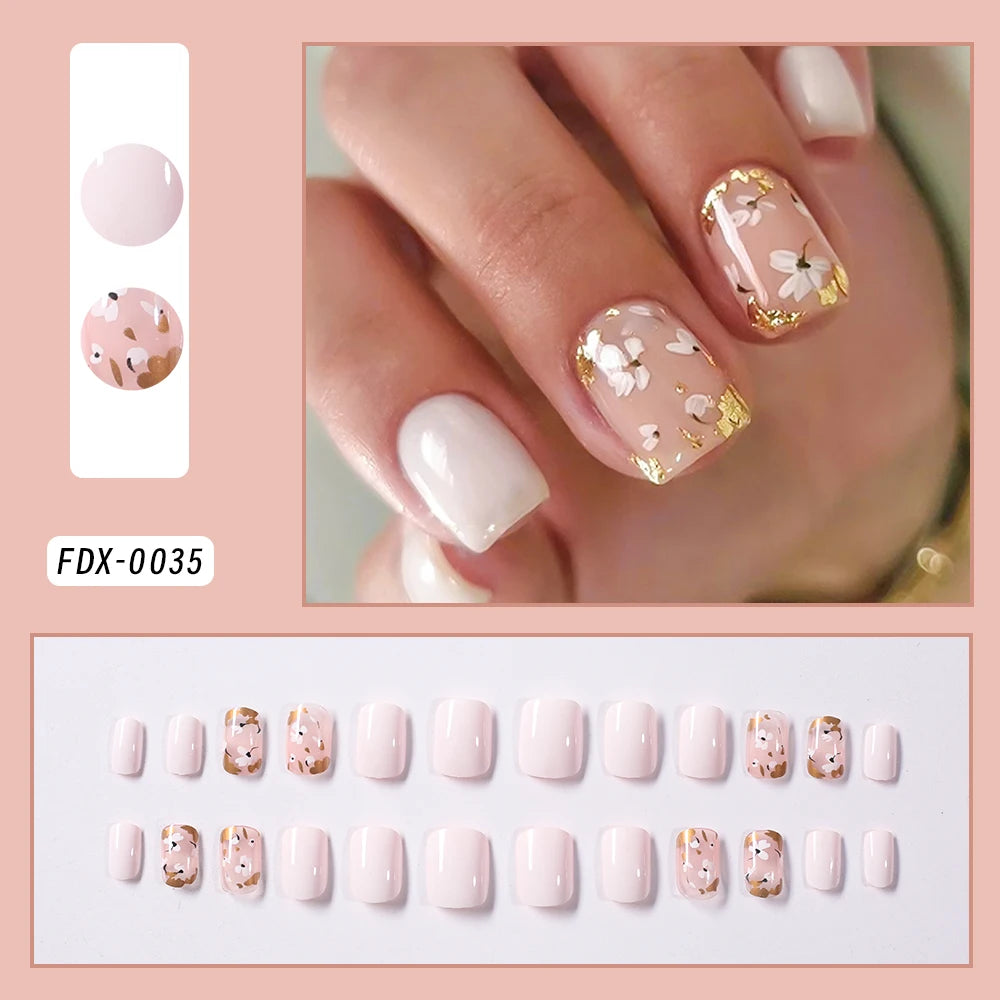 24Pcs White Pink Flower Acrylic Fake Nails Short Square French False Nail Wearable Full Cover Artificial Press on Nail For Women