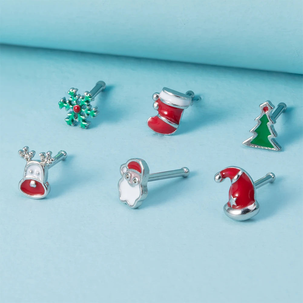 1pc New Christmas Gift Surgical Steel Nose Studs for Women Girls Bone Nose Piercing Jewelry Christmas Santa Claus Nose Rings 20G