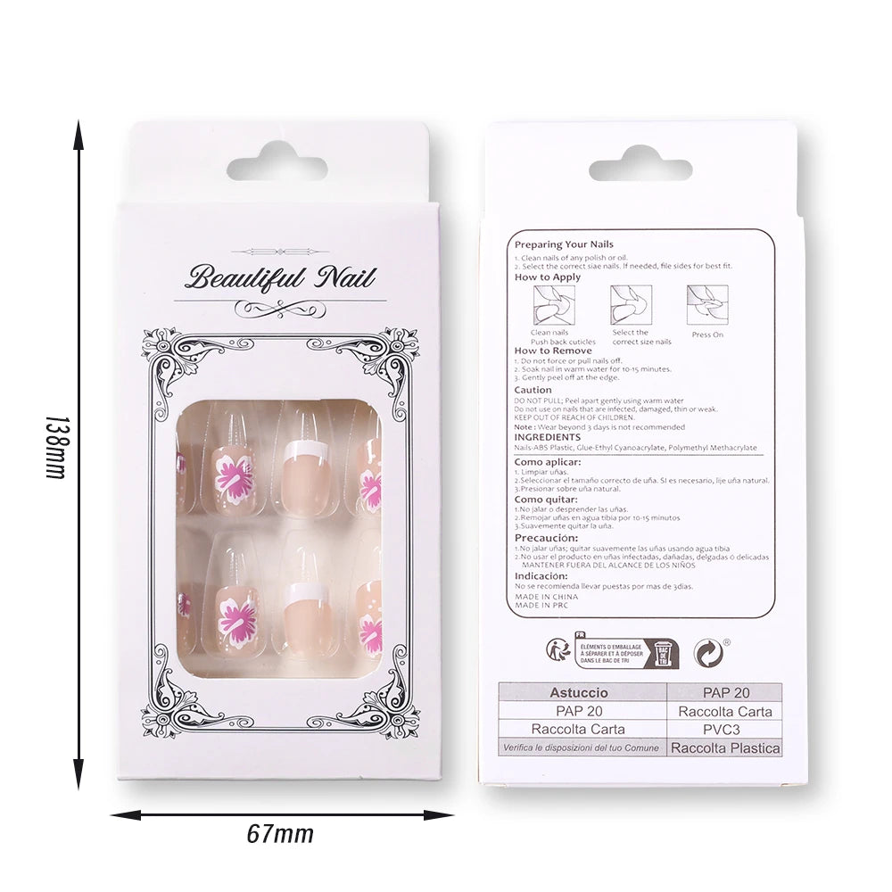 24Pcs White Pink Flower Acrylic Fake Nails Short Square French False Nail Wearable Full Cover Artificial Press on Nail For Women