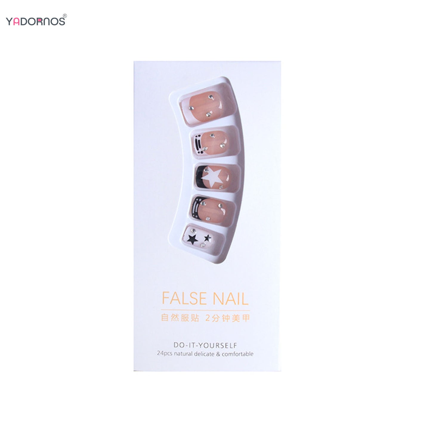 Short Square Fake Nails Y2K Style Nails Press on White/Black French Tips Star Diamond Designs False Nails for y2k Girls 24Pcs